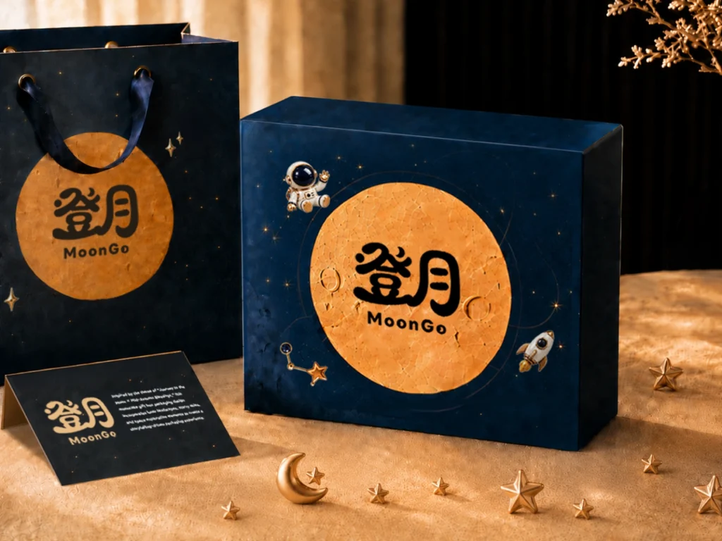中秋節月餅禮盒包裝設計成果展示,禮盒直立放置,搭配品牌提袋與品牌卡片,凸顯品牌美感價值。