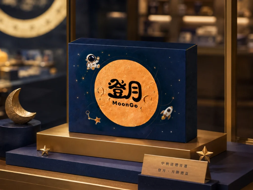 中秋節月餅禮盒,放置在高級百貨櫥窗中的商品陳列示意圖。