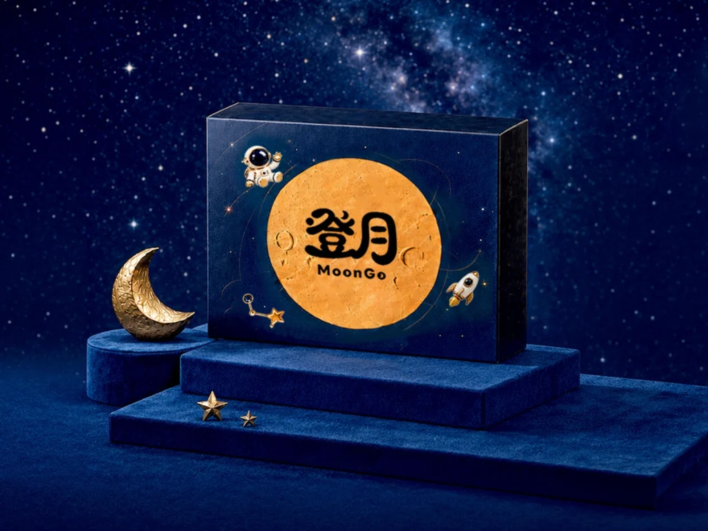 中秋節月餅禮盒,搭配宇宙銀河與月亮星星,商用攝影棚拍示意圖。